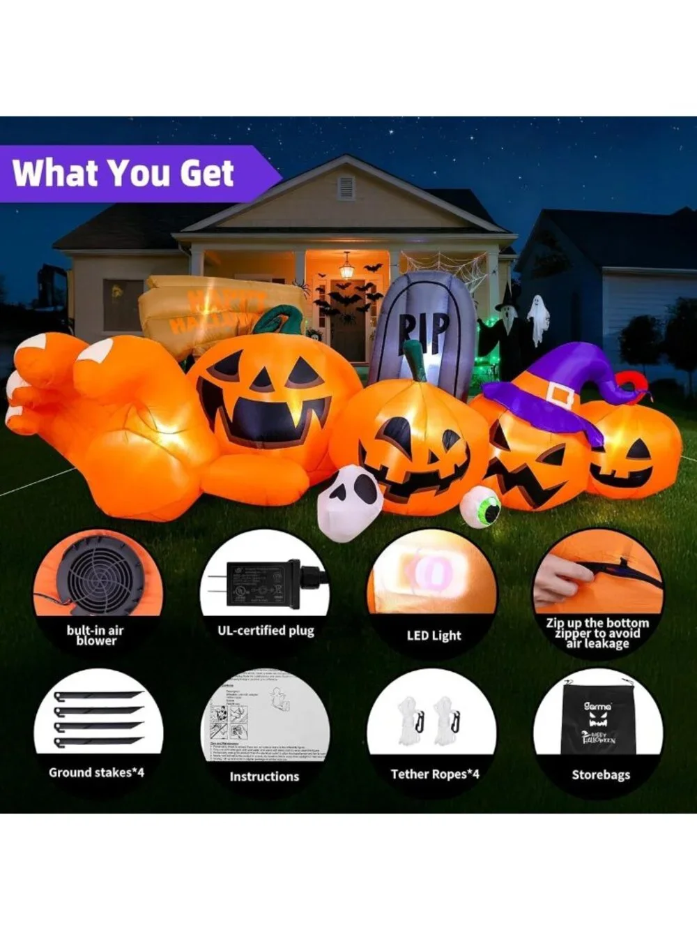 9.2 Ft Halloween Inflatable Yard Decor - LED Pumpkin, Gravestone & Witch Hat